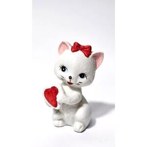 Vintage Lefton White Kitten Valentine Heart Bisque Red Bow Cat Figurine